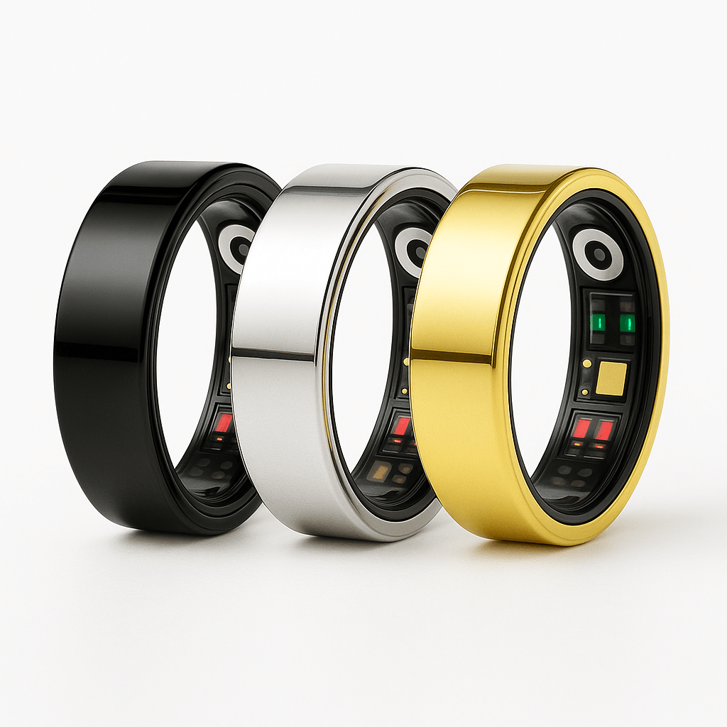 Stainless Steel Smart Ring - Fitness and Health Tracker for Android iOS in black, silver, and gold variations.