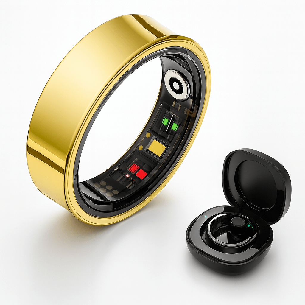 Stainless Steel Smart Ring - Fitness and Health Tracker for Android iOS in gold, showcasing health monitoring features.