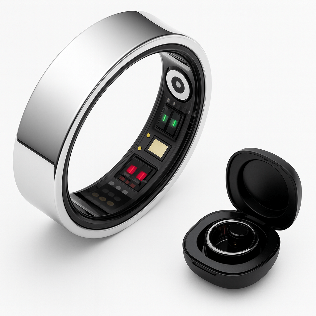 Stainless Steel Smart Ring - Fitness and Health Tracker for Android iOS with sleek design and charging case.