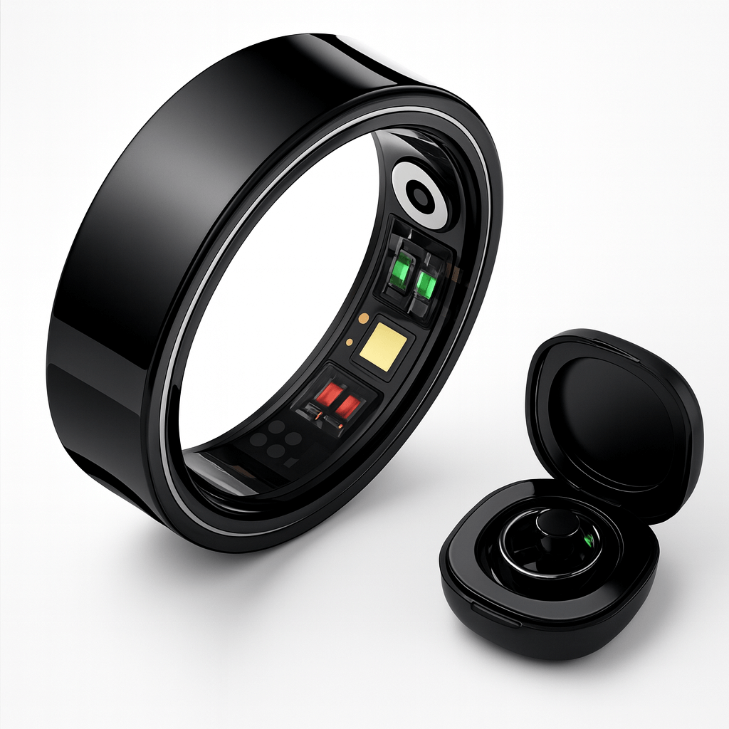 Stainless Steel Smart Ring - Fitness and Health Tracker for Android iOS shown next to its charging case.