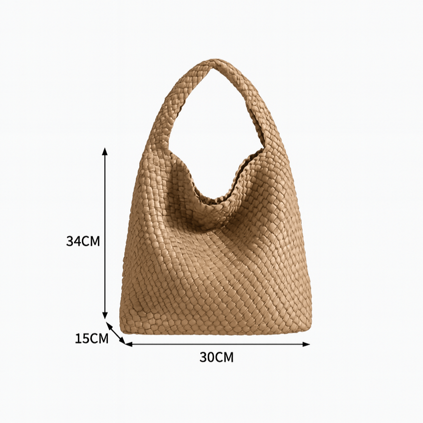 Woven Shoulder Bag - Criss-Cross Design in natural color, measuring 34CM x 30CM, featuring a stylish woven texture.
