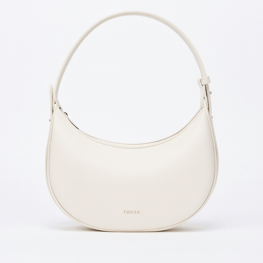 Stylish Half Moon Bag in soft cream PU material with shoulder strap and zipper closure for women.