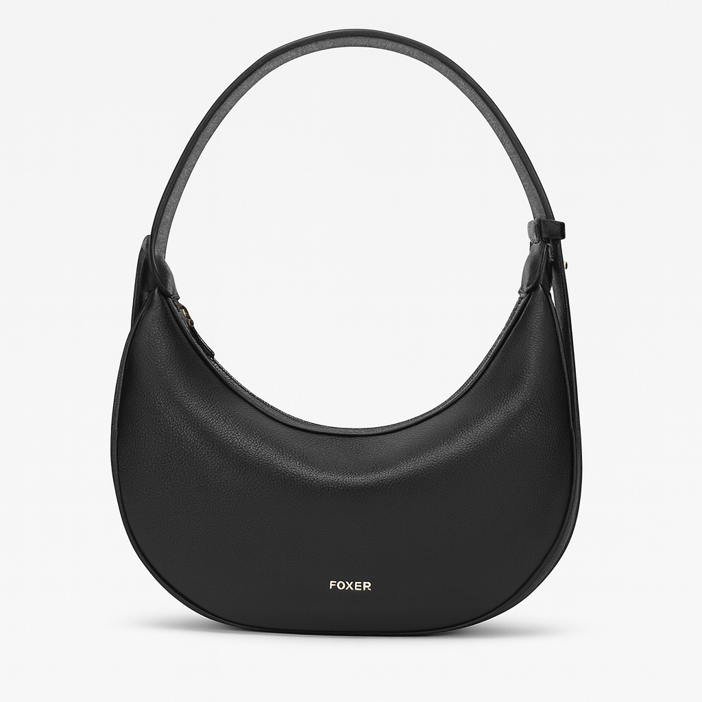 Half Moon Bag in black with a zipper closure, perfect for women and ideal for shoulder or crossbody use.
