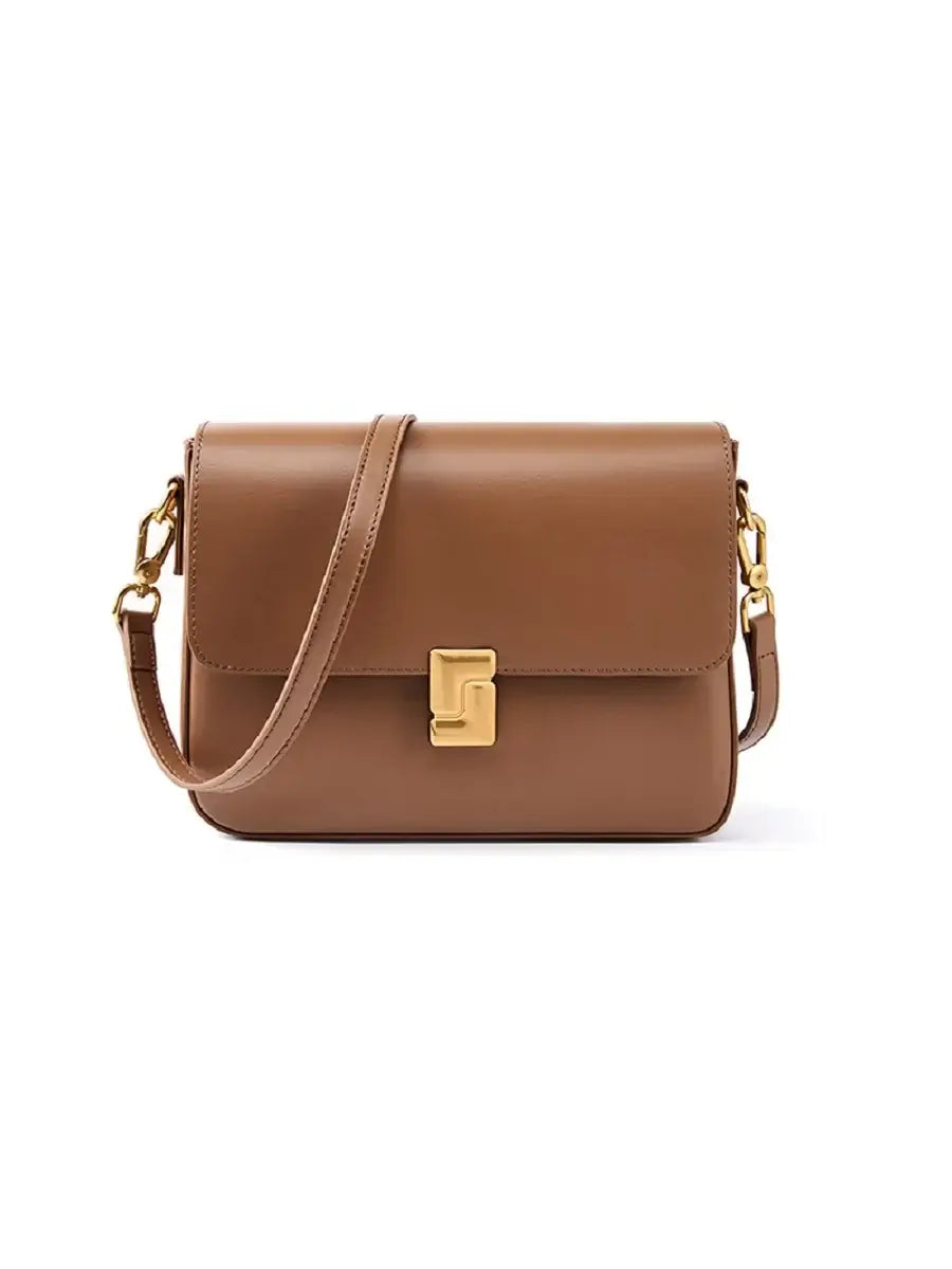 Brown leather shoulder bag with gold clasp, stylish and durable, perfect for modern elegance.