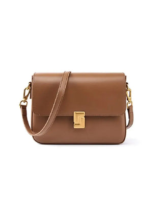 Brown leather shoulder bag with gold clasp, stylish and durable, perfect for modern elegance.