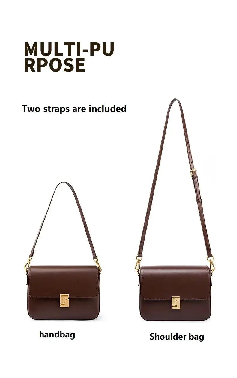 Brown multi-purpose shoulder bag and handbag with two strap options for versatile styling.
