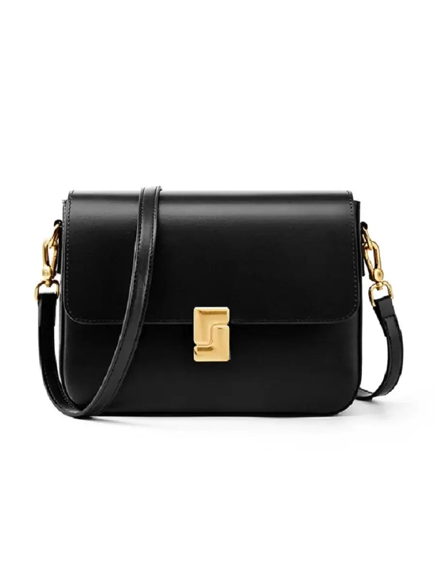 Stylish black leather shoulder bag with gold hardware, perfect blend of elegance and functionality.