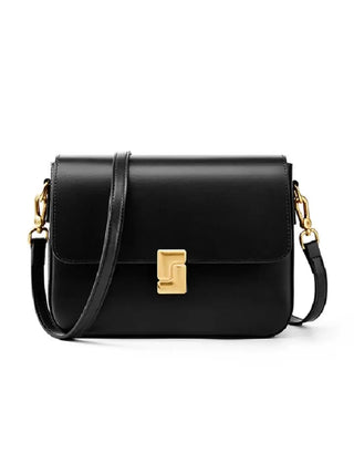 Stylish black leather shoulder bag with gold hardware, perfect blend of elegance and functionality.