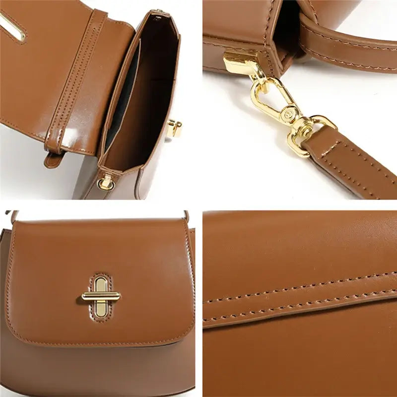 Shoulder bag leather, brown saddle bag with hasp closure and decorative lock, stylish and durable for everyday use.