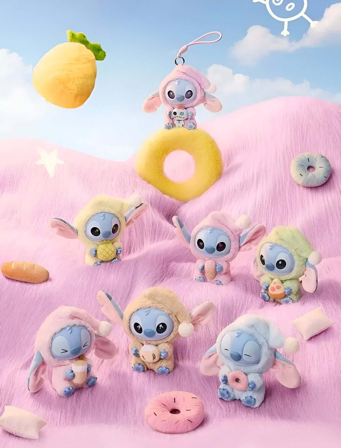 Disney Lilo Stitch toy collection featuring pastel colors and six plush figures, ideal for collectors and fans.