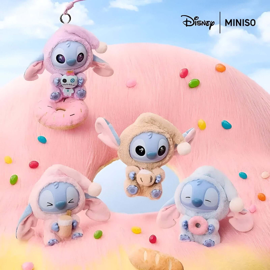 Disney Stitch plush toy collection, colorful vinyl dolls from Miniso, perfect for collectors and fans.