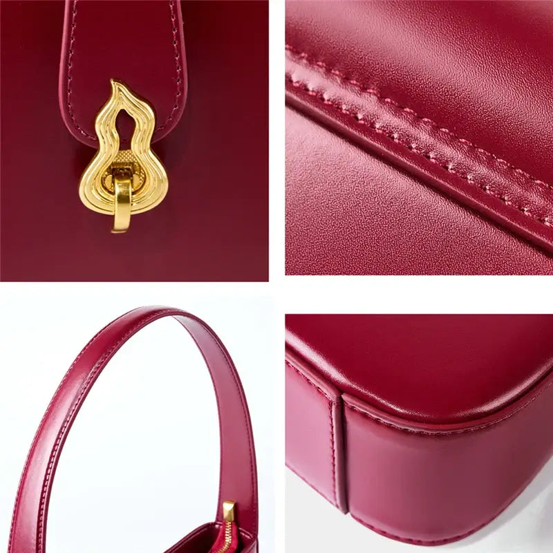 Sophisticated burgundy leather shoulder bag zipper with decorative lock, showcasing premium craftsmanship and minimalist design.