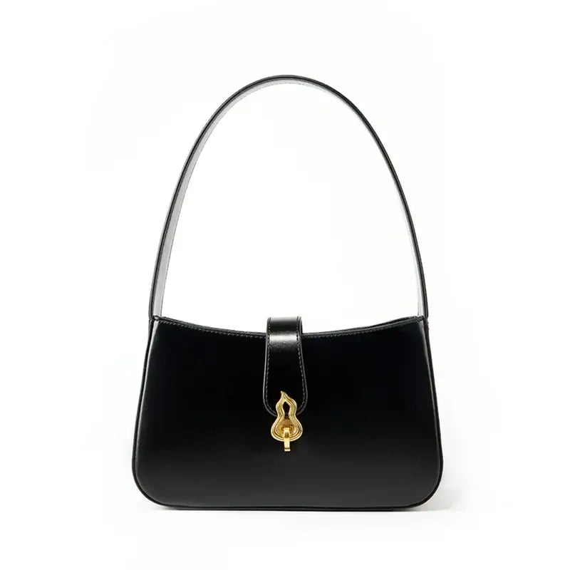 Shoulder bag leather black with zipper closure and decorative lock, stylish half-moon design for versatility.
