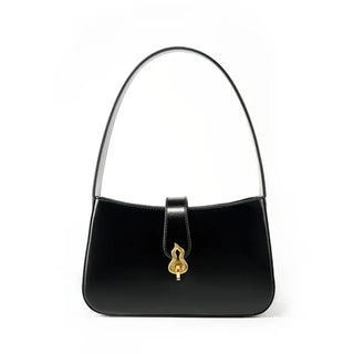 Shoulder bag leather black with zipper closure and decorative lock, stylish half-moon design for versatility.