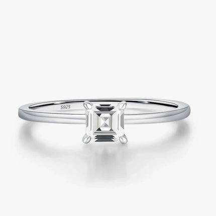 Emerald Cut Moissanite Ring on a sleek 925 sterling silver band with a brilliant square moissanite centerpiece.