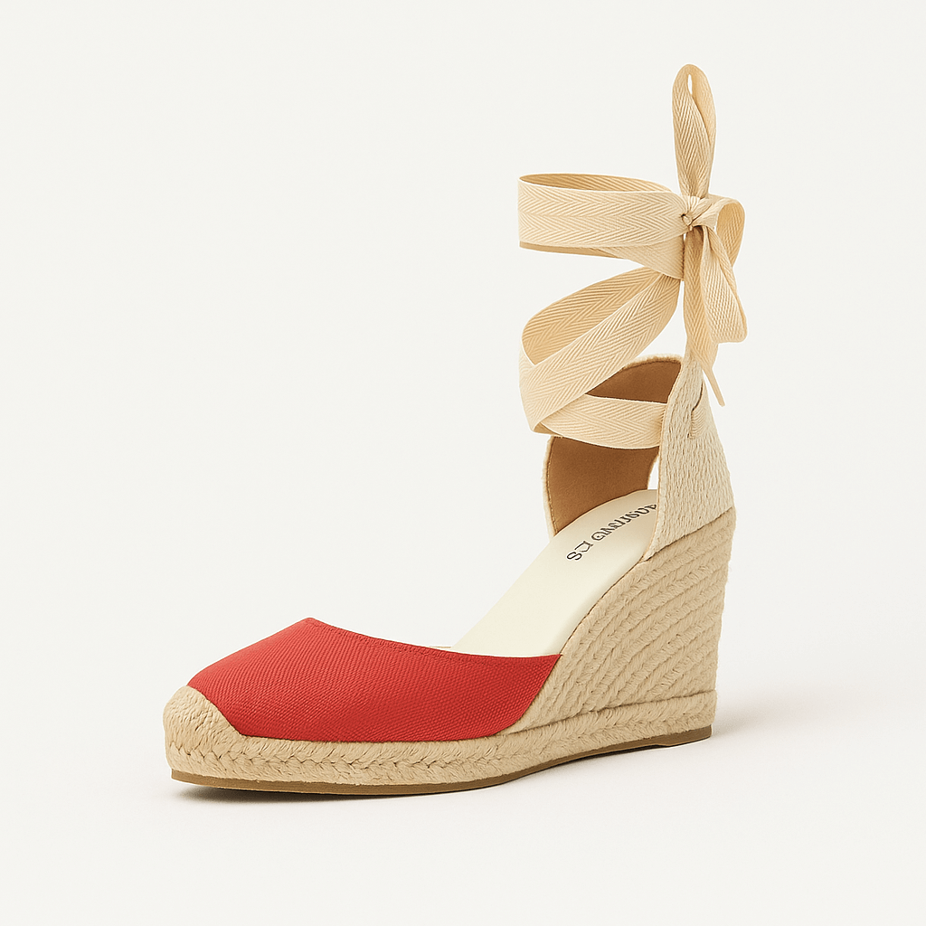 Red espadrillas sandals with ankle strap and wedge heel for women, perfect for casual and leisure wear.