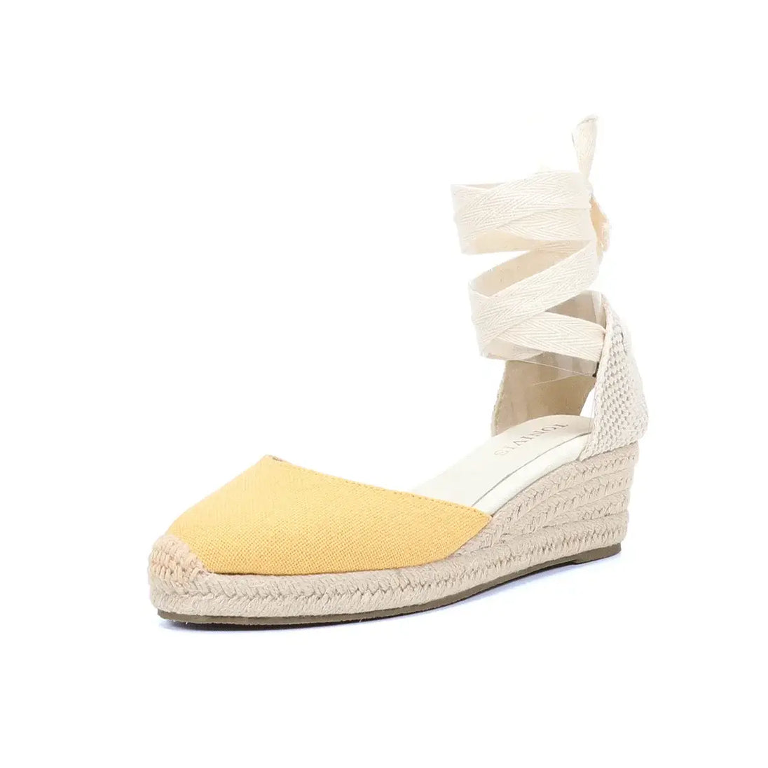 Espadrillas sandals in yellow and beige, women's ankle strap wedges with lace-up design for a stylish casual look.
