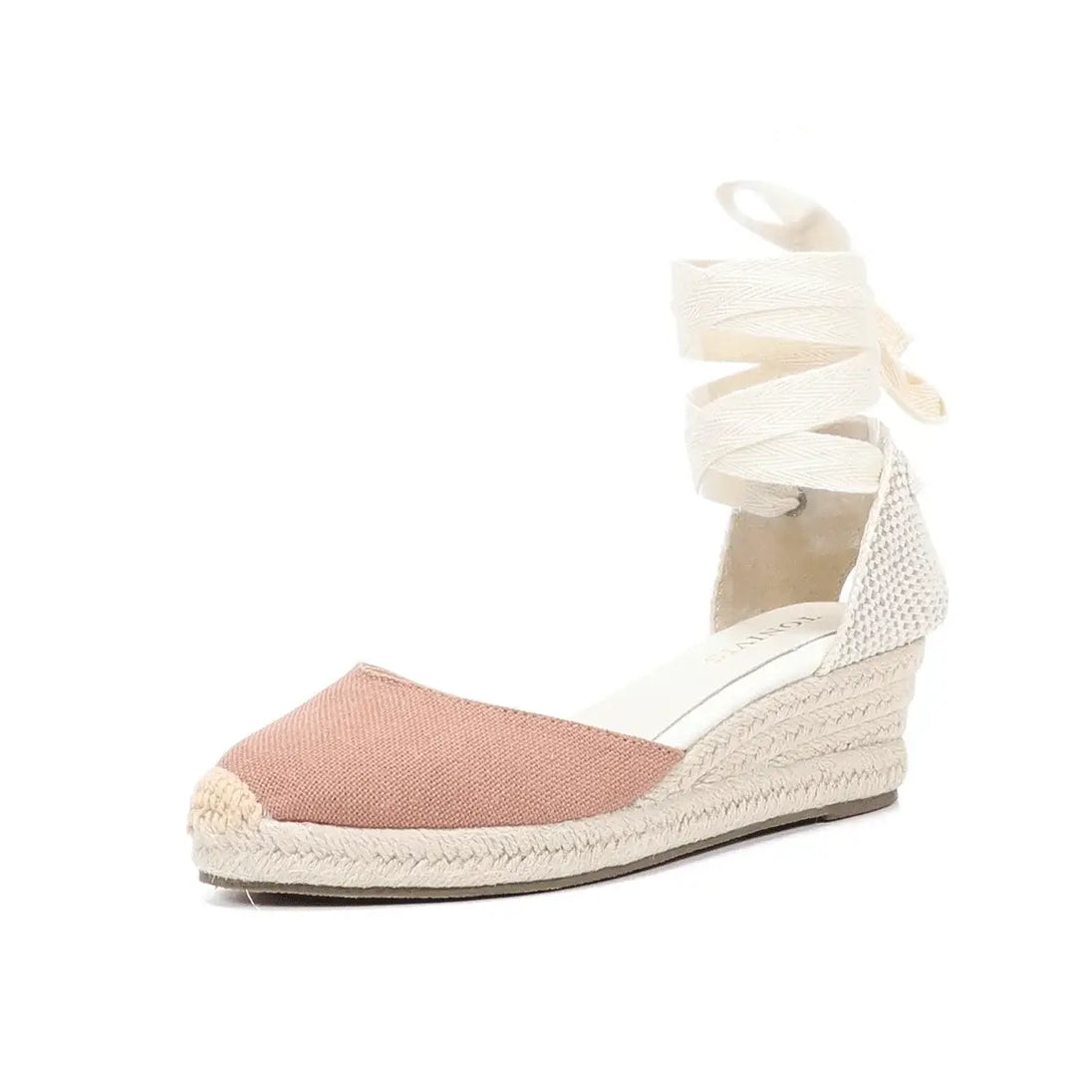 Women's espadrillas sandals in blush pink with ankle strap and wedge heel, perfect for casual and leisure wear.