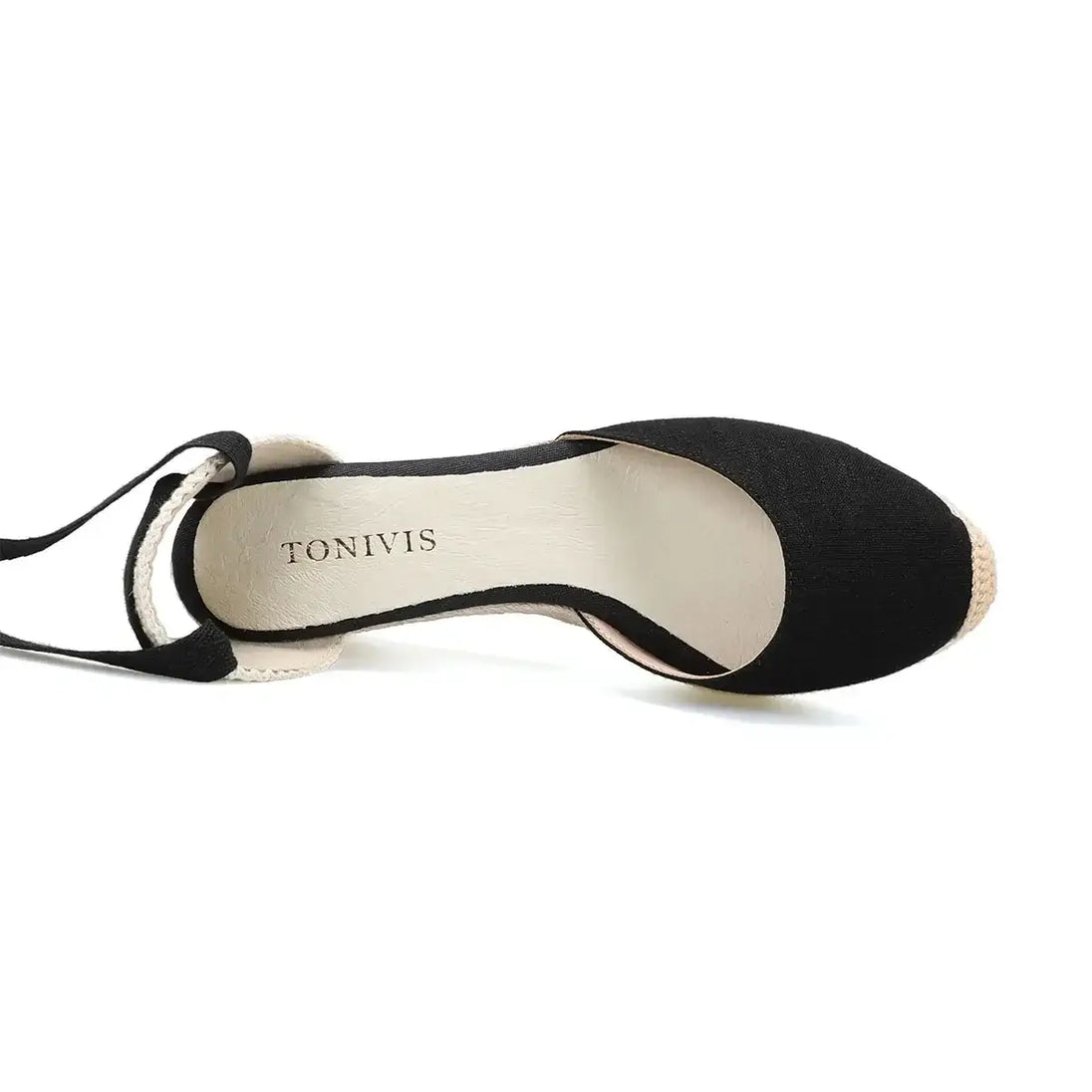 Black espadrille sandals for women by TONIVIS, featuring a comfortable cross-strap design.