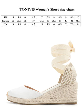 Espadrille sandals for women in white with cross-strap design and size chart for US and Europe sizes.