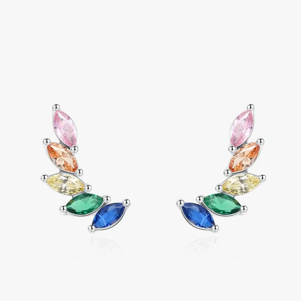 Feather Zircon Crystal Stud Earrings 925 Sterling Silver with colorful zircon stones in a stylish design.