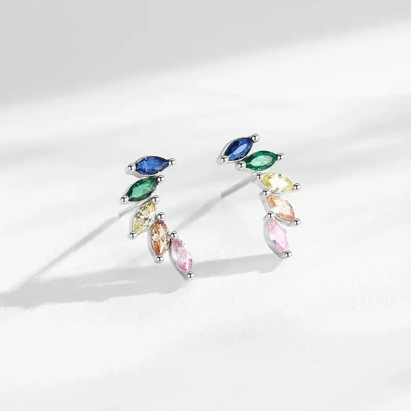 Feather Zircon Crystal Stud Earrings 925 Sterling Silver featuring colorful sparkling stones.