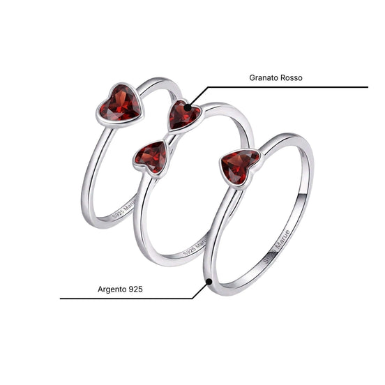 Set Anelli 3-in-1 Componibili in Argento 925 con Granato Rosso – Quadrifoglio Portafortuna