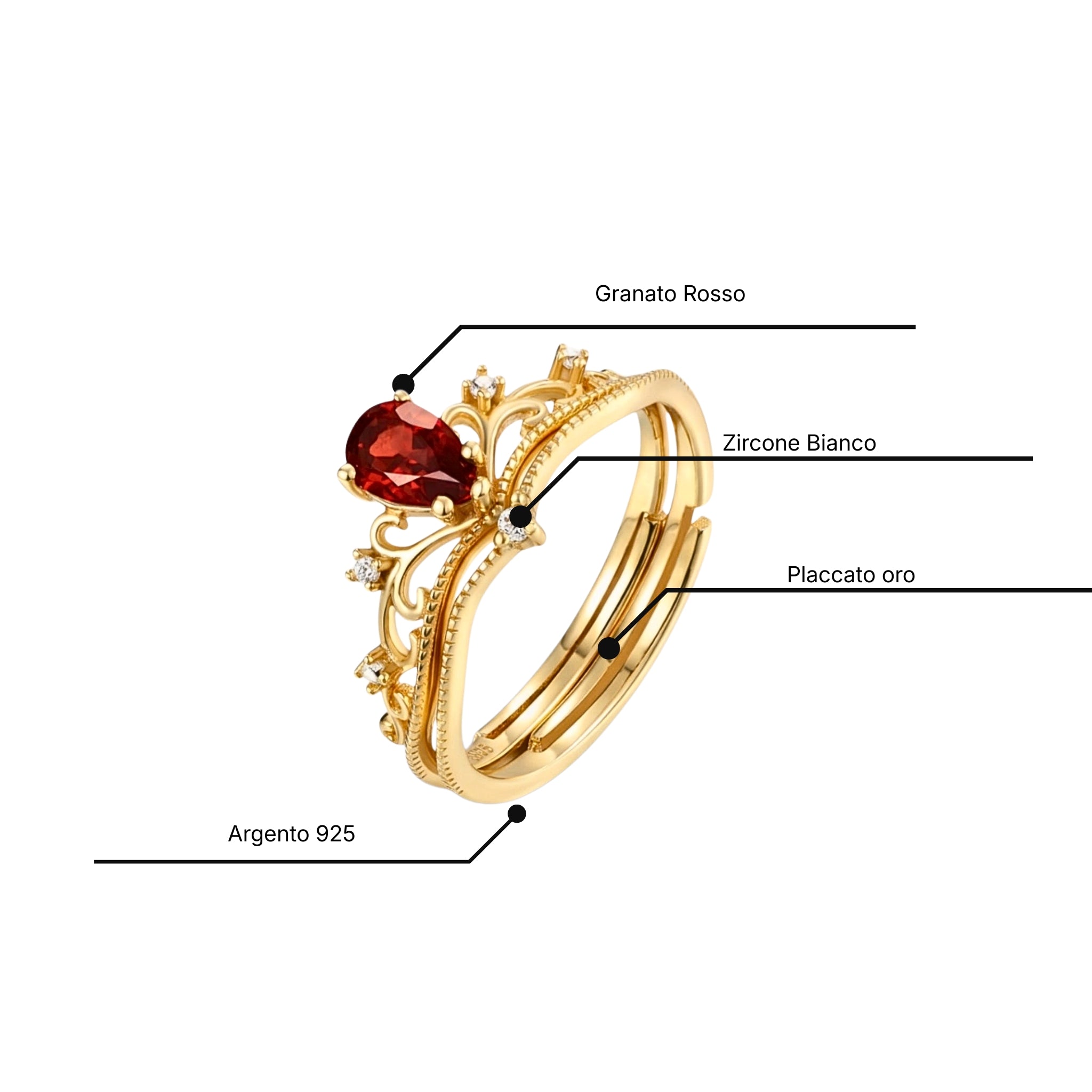 Anello Corona S925 Dorato con Granato Rosso a Goccia