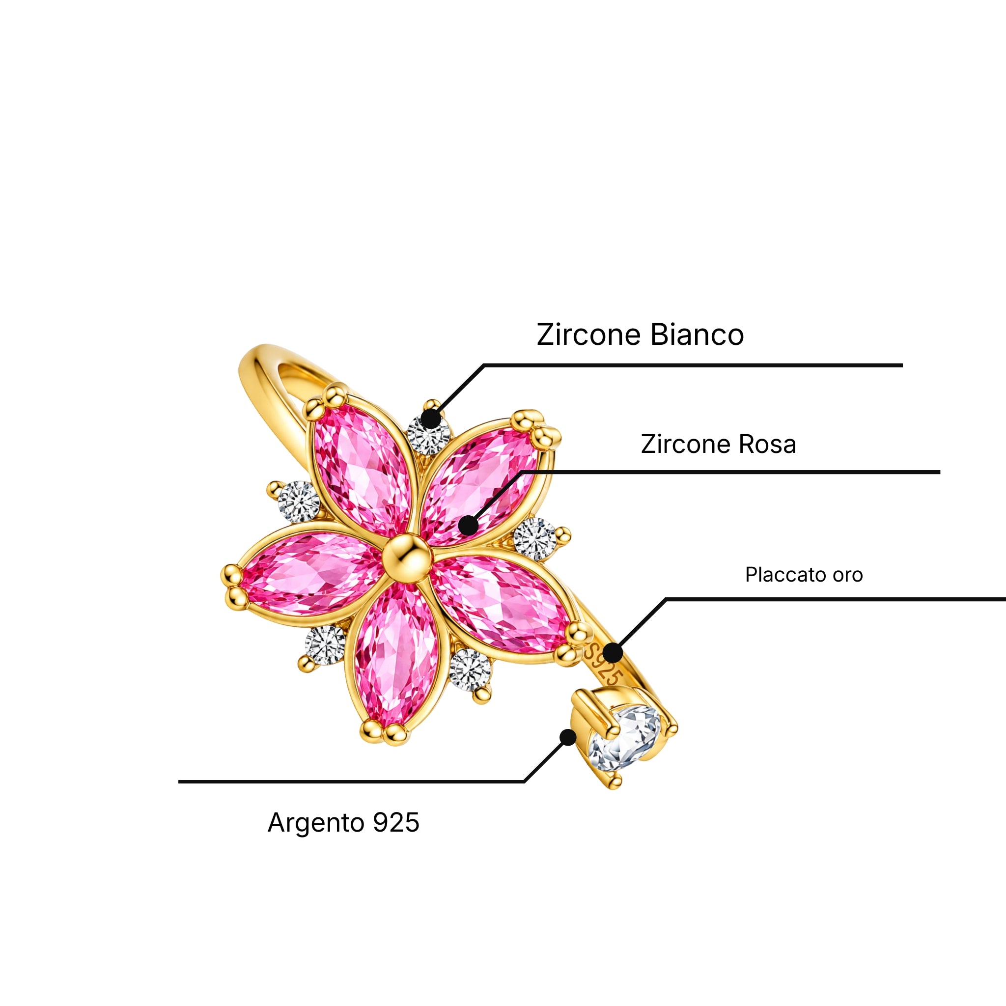 Anello Fiore Girevole Anti-Stress in Argento 925 Dorato