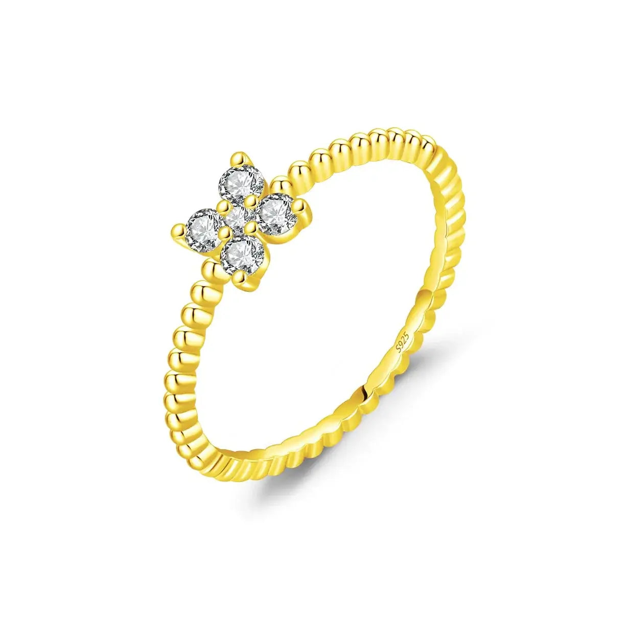 Four Leaf Clover Moissanite Ring 925 Sterling Silver in yellow gold with sparkling stones.