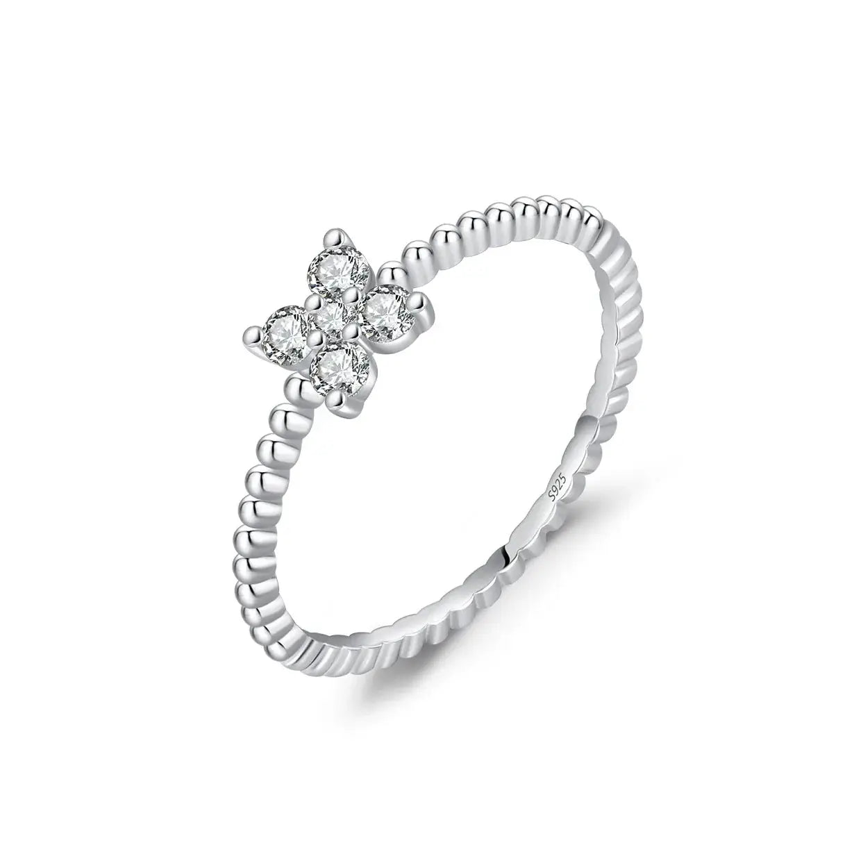 Four Leaf Clover Moissanite Ring 925 Sterling Silver showcased with delicate prong-set design and moissanite stones.