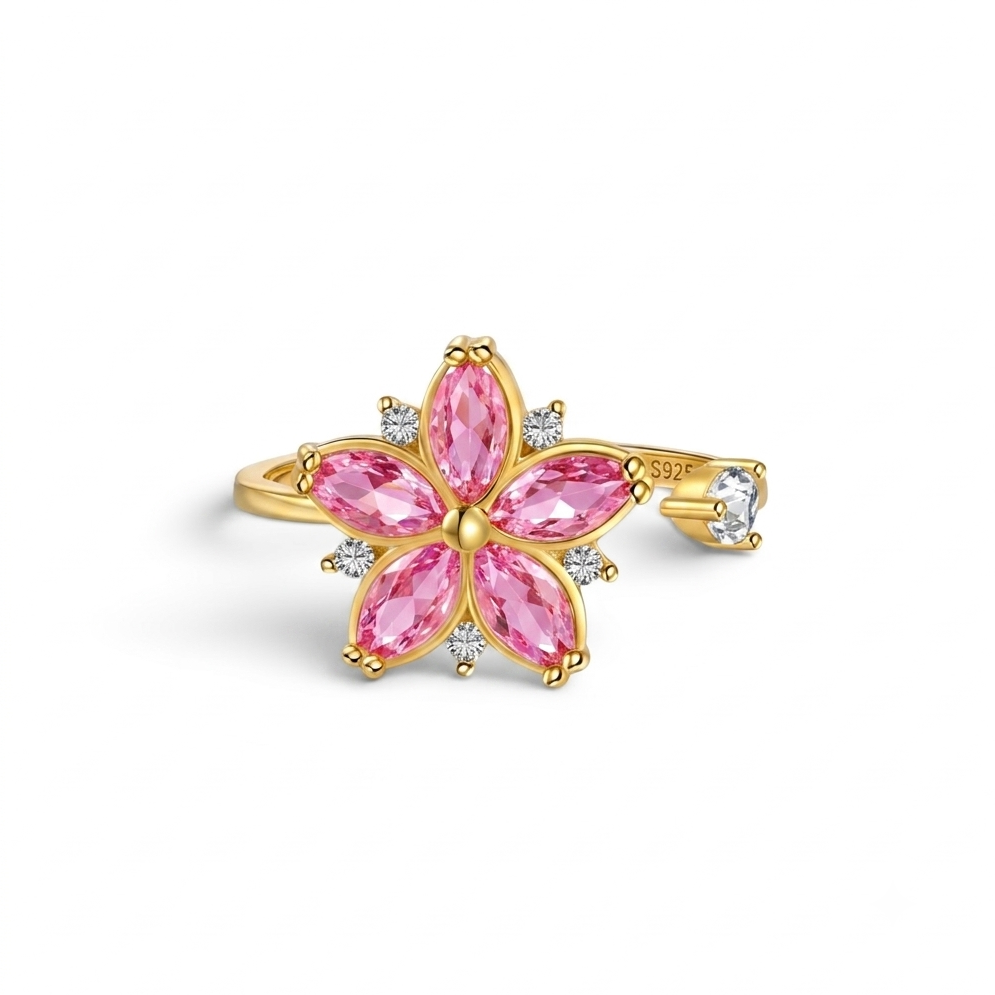 Pink Flower Adjustable Ring in 925 Sterling Silver with Crystal Accent