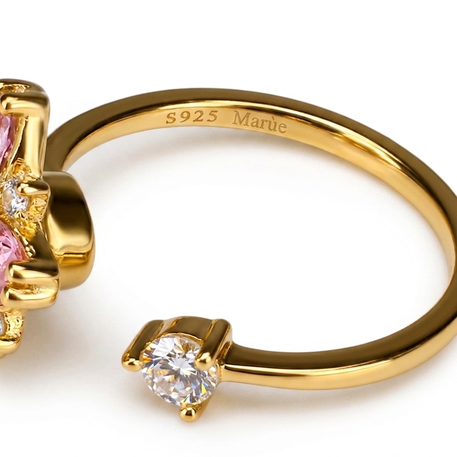 Pink Flower Adjustable Ring in 925 Sterling Silver with Crystal Accent