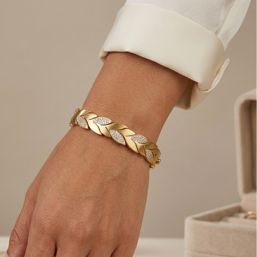 Bangle Gold-Plated Laurel Leaf with Crystal Pavé