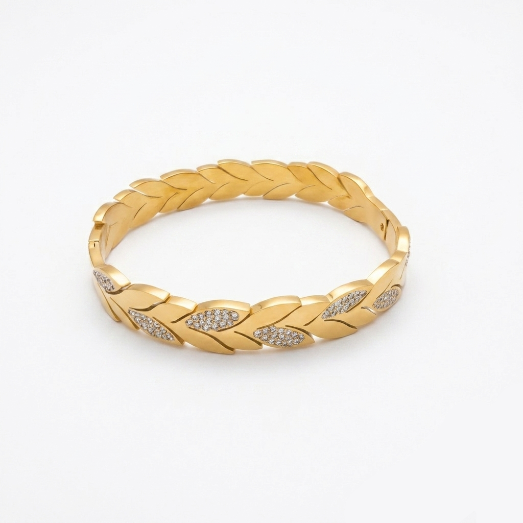Bangle Gold-Plated Laurel Leaf with Crystal Pavé