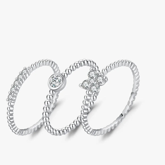 Geometric Cocktail Ring 925 Sterling Silver set of three rings showcasing moissanite stones and a stylish design.