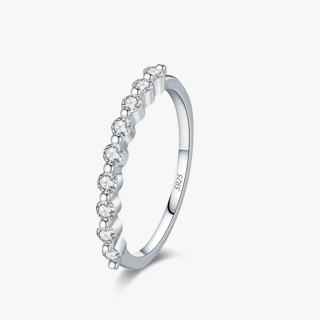 Geometric Moissanite Wedding Band Ring 925 Sterling Silver with multiple VVS1 moissanite stones in prong setting.