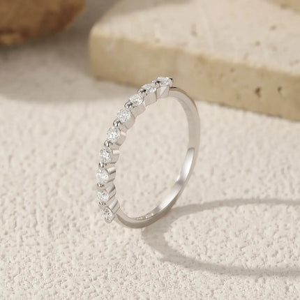 Geometric Moissanite Wedding Band Ring 925 Sterling Silver with multiple D-color VVS1 stones in prong setting.