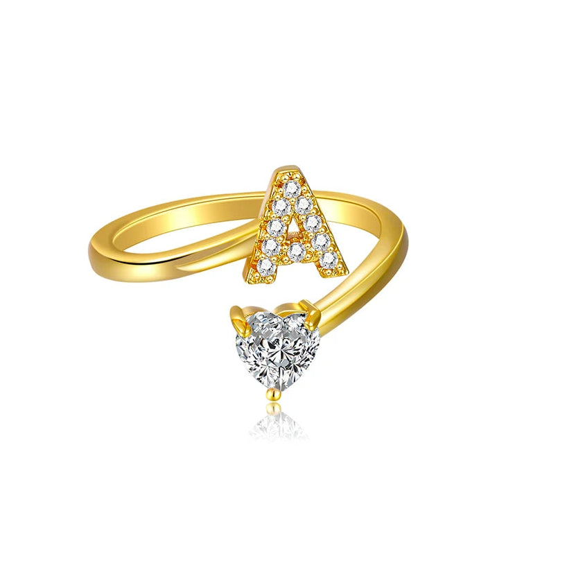 Gold Ring A–Z Initial  with Heart Zircon