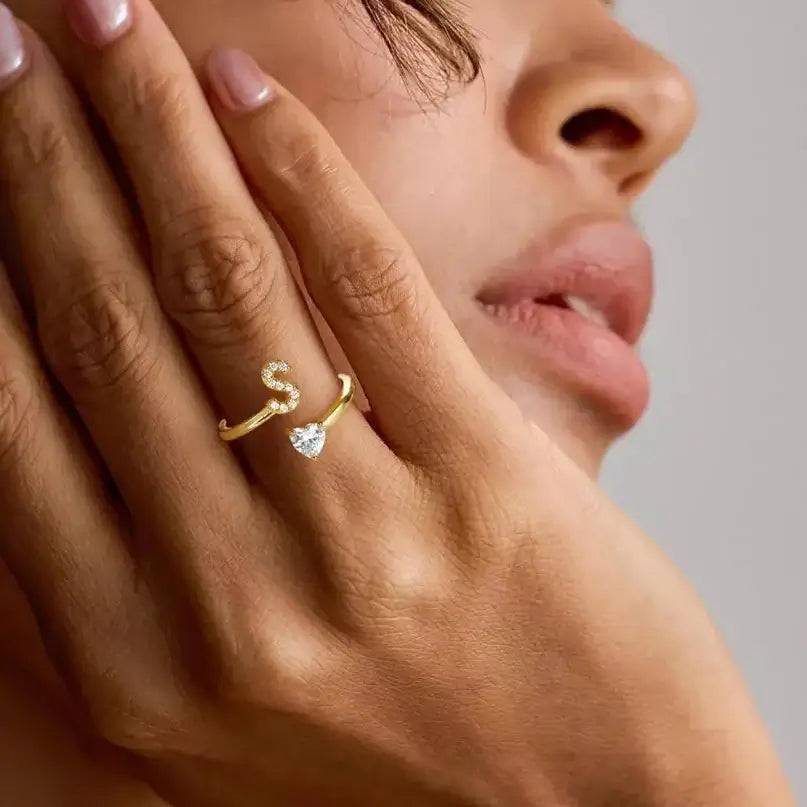 Gold Ring A–Z Initial  with Heart Zircon