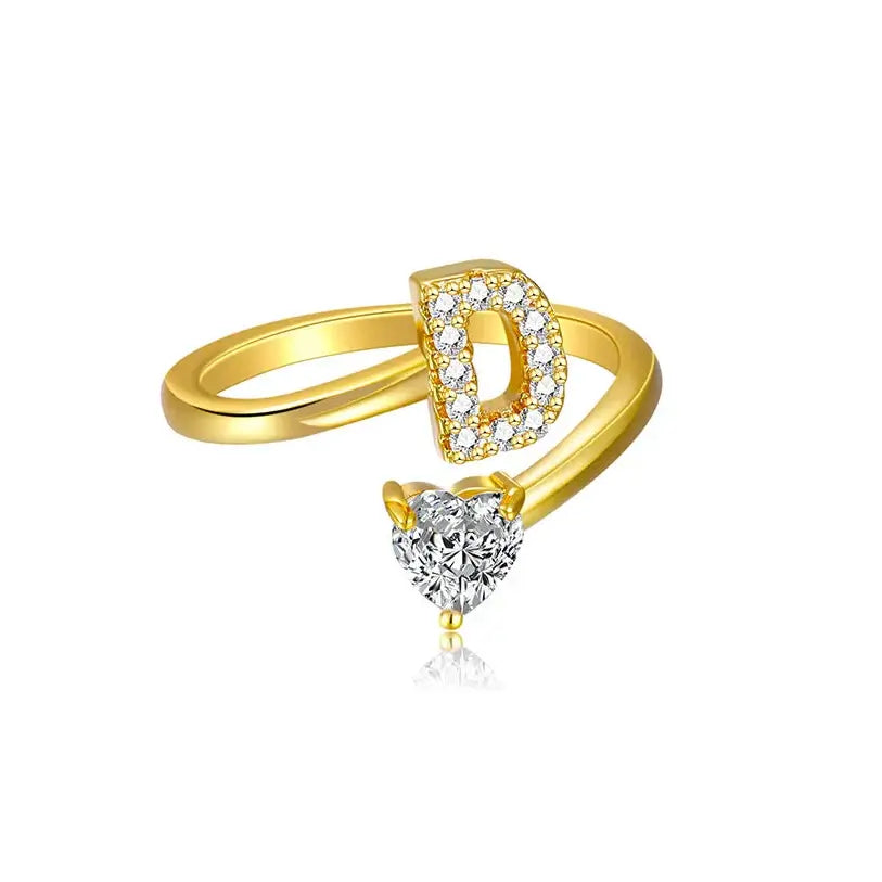 Gold Ring A–Z Initial  with Heart Zircon