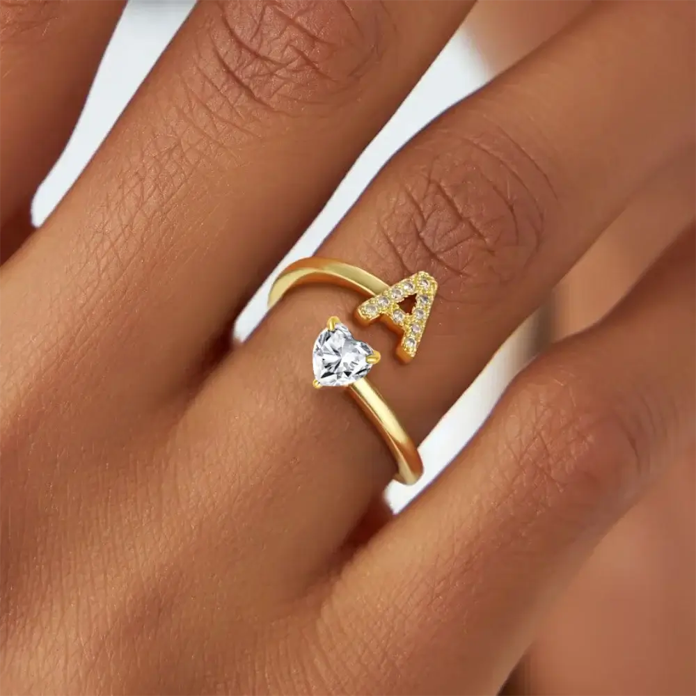 Gold Ring A–Z Initial  with Heart Zircon