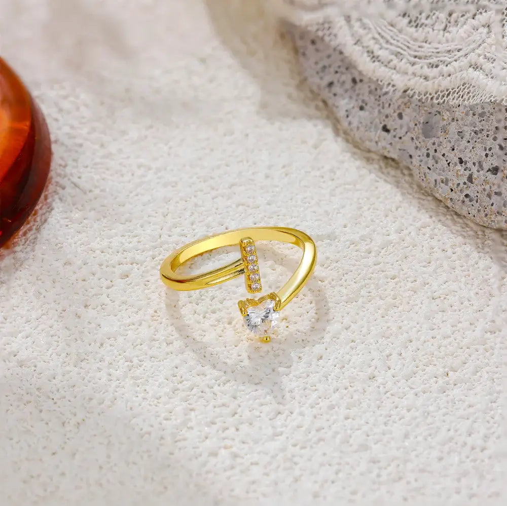 Gold Ring A–Z Initial  with Heart Zircon