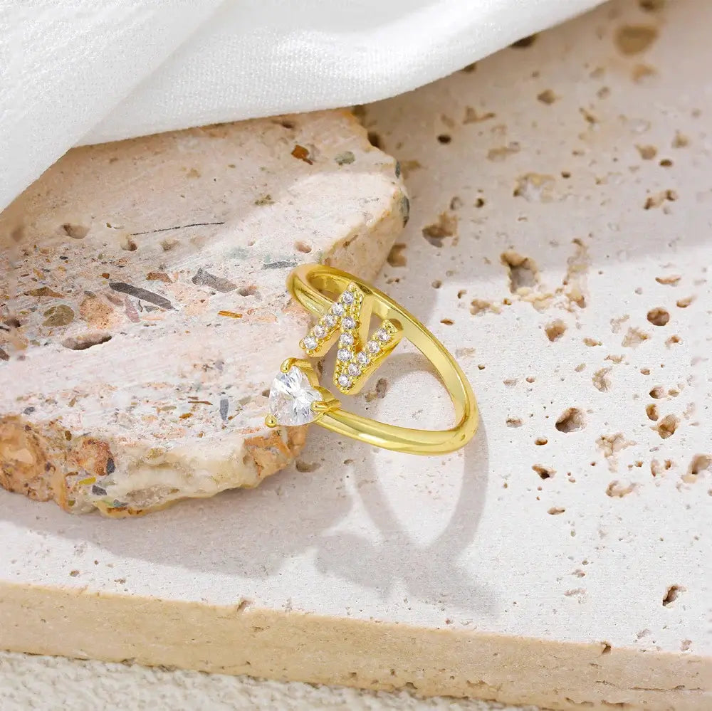 Gold Ring A–Z Initial  with Heart Zircon