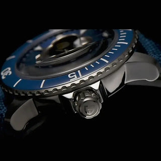 Mens Wristwatch Waterproof with blue dial and nylon strap, showcasing side view of its detailed design.