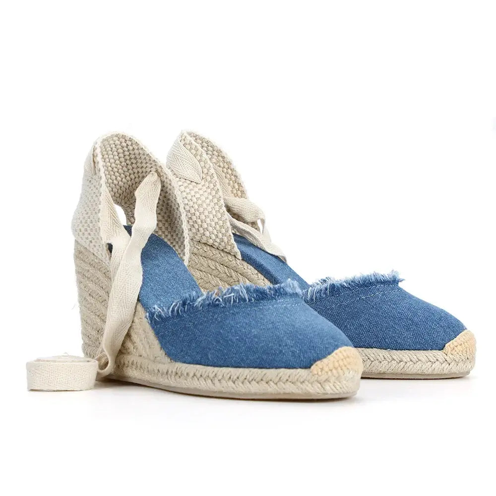 Women's Denim Espadrilles with lace-up ankle straps and wedge heels, perfect for casual occasions.