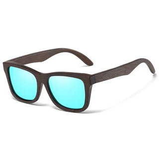 Sunglasses Bamboo with polarized blue lenses, featuring a stylish wooden frame for outdoor use.