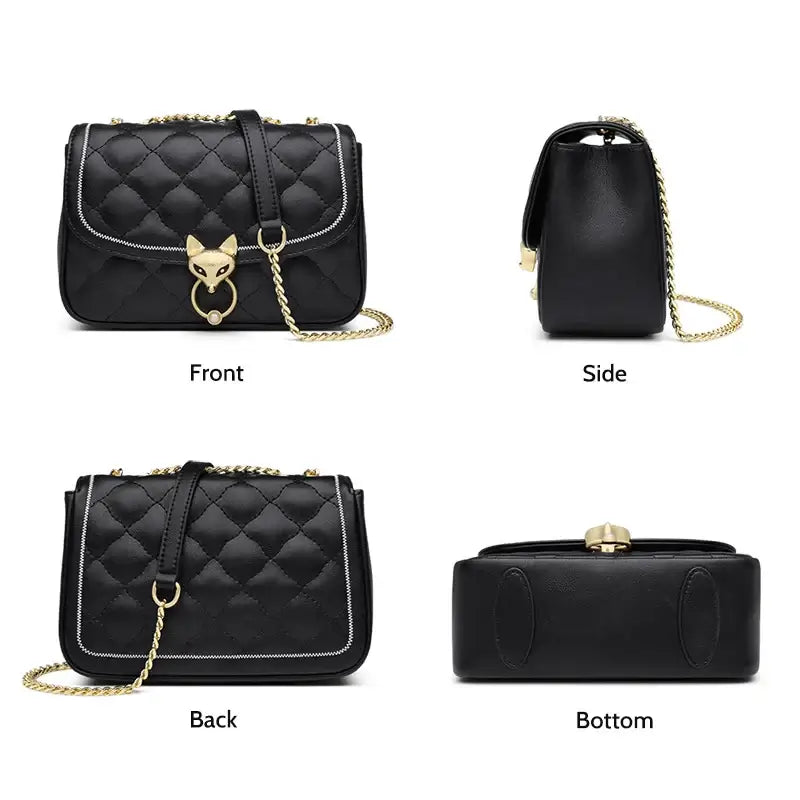 Leather Crossbody Bag featuring a quilted design, zipper closure, and gold chain strap, shown from multiple angles.