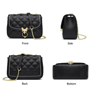 Leather Crossbody Bag featuring a quilted design, zipper closure, and gold chain strap, shown from multiple angles.