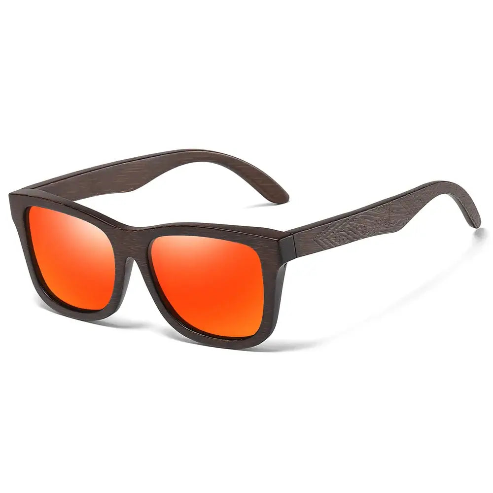 Stylish Sunglasses Bamboo with orange polarized lenses, perfect for outdoor adventures.